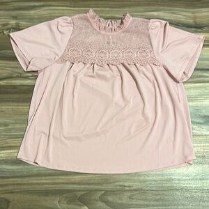 Adrianna Papell Flutter Sleeve Lace Yoke Trapeze Top Pink Nectar Women’s M